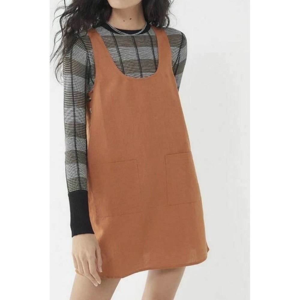 UO Kasey Linen Side-Button Shift Dress Urban Outfitter Cocoa Sleeveless New XS